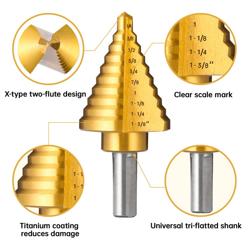 IRONANT Titanium Step Drill Bit, 1/4"" to 1-3/8"" Step Bit for Metal, 10 Sizes HSS Step Drill Unibit - Image 2